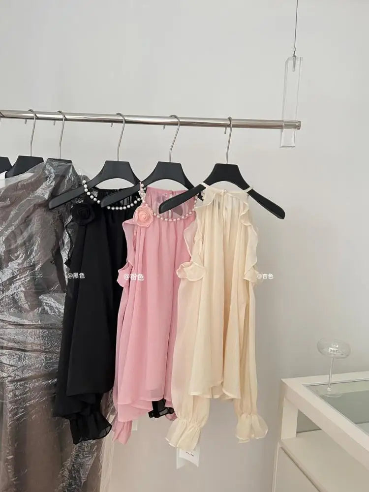 French Vintage Ladies Pink Pearl Round Neck Halter Short Tops Spring Autumn Beige Elegant Long Sleeve Off Shoulder Shirt Popular