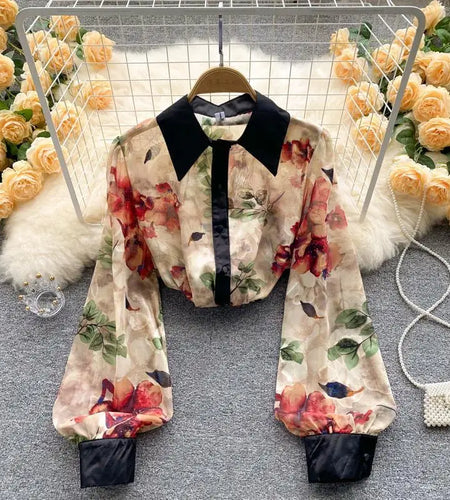 Fashion Print Shirt or Women Long Sleeve Turn Down Collar Korean Fashion Blouse Laides Vintage Button Up Casual Top
