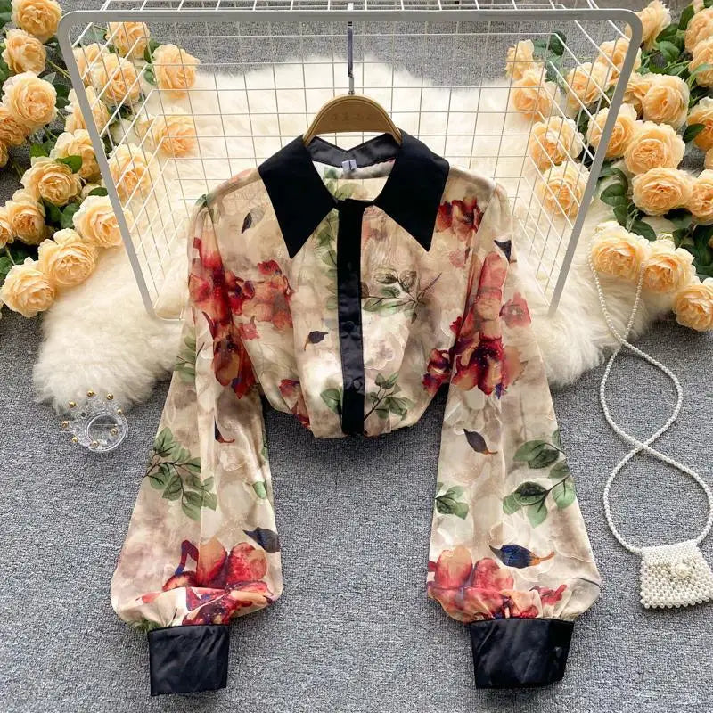 Fashion Print Shirt or Women Long Sleeve Turn Down Collar Korean Fashion Blouse Laides Vintage Button Up Casual Top