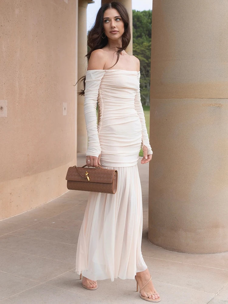 Off-shoulder Strapless Sexy Maxi Dress Women Summer New Patchwork Backless Long Sleeve Pleated Long Dress Elegant