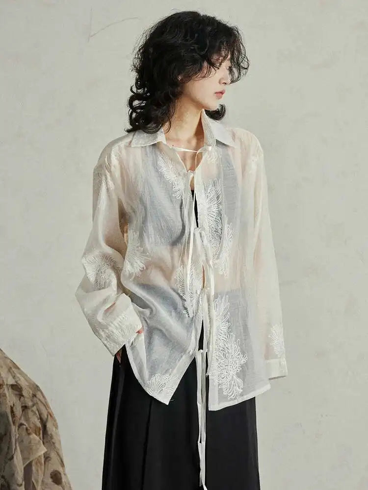 Women Black Printed Perspective Big Size Thin Blouse New Lapel Long Sleeve Shirt Fashion Tide Spring Autumn 2025 1DH4976