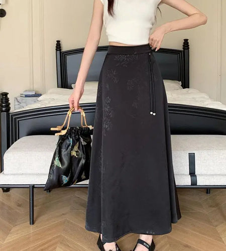 Vintage White Elegant High Waist Jacquard Skirt Women 2024 Spring Summer New Chinese Style Fashion Black Temperament Long Skirt