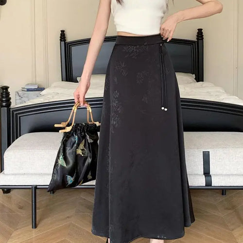 Load image into Gallery viewer, Vintage White Elegant High Waist Jacquard Skirt Women 2024 Spring Summer New Chinese Style Fashion Black Temperament Long Skirt
