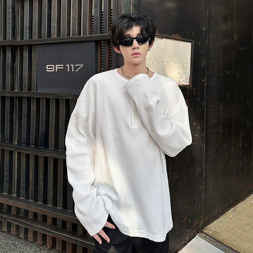 Load image into Gallery viewer, Men's Long Sleeve T-shirts New Korean Style Solid Color Trendy Button Design Pullover Loose Male O-neck Clothing 9W1760
