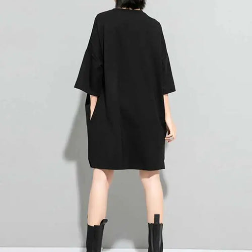 Load image into Gallery viewer, Women Black Zipper Big Size Dress New Round Neck Three-quarter Sleeve Loose Fit Fashion Tide Spring Autumn 2025 1DF5283
