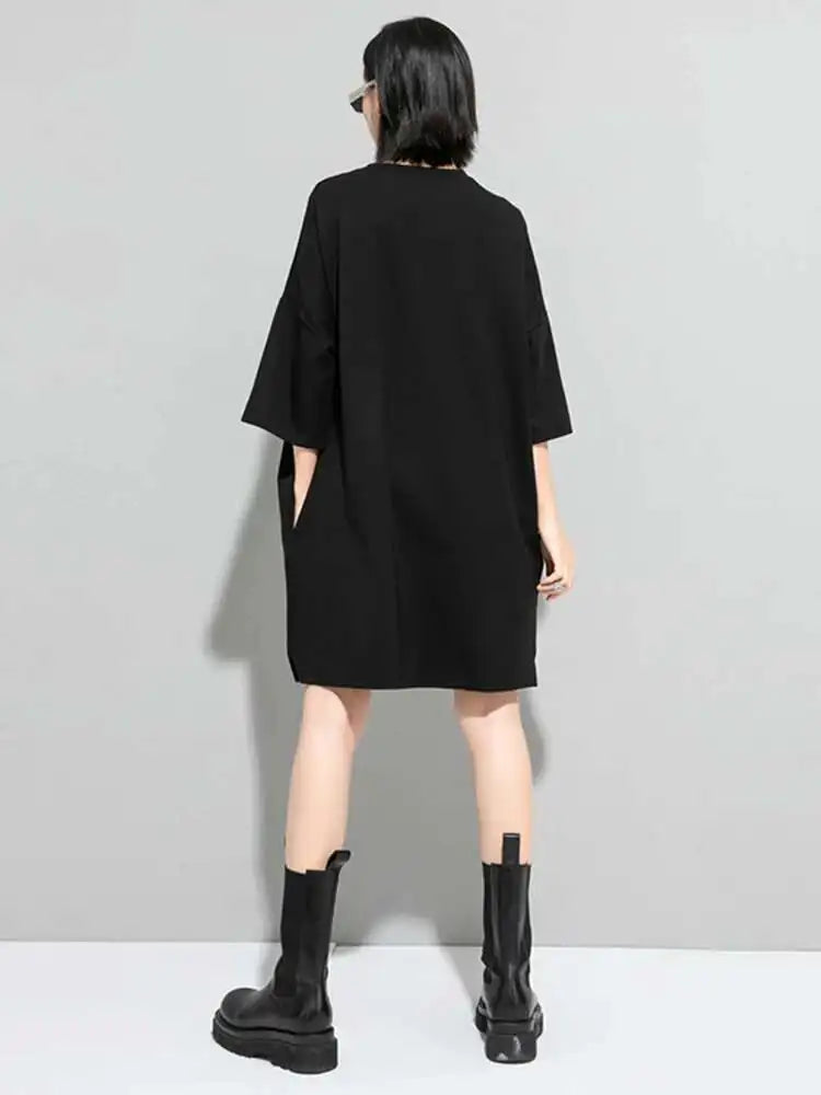 Women Black Zipper Big Size Dress New Round Neck Three-quarter Sleeve Loose Fit Fashion Tide Spring Autumn 2025 1DF5283