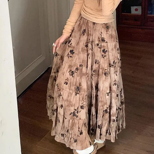 Load image into Gallery viewer, Korean Women Purple Print Vacation Skirt Fashion Spring Summer Vintage Brown High Waist Elegant Festival Pleated Skirt New Trend
