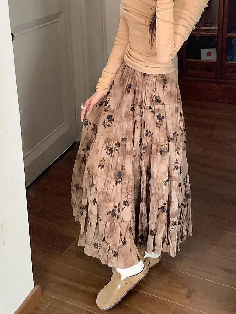 Korean Women Purple Print Vacation Skirt Fashion Spring Summer Vintage Brown High Waist Elegant Festival Pleated Skirt New Trend