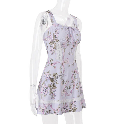 Load image into Gallery viewer, Floral Print Backless Sexy Mini Dress Women Robe Summer Fashion Square Collar Sleeveless High Waist A-line Club Dress
