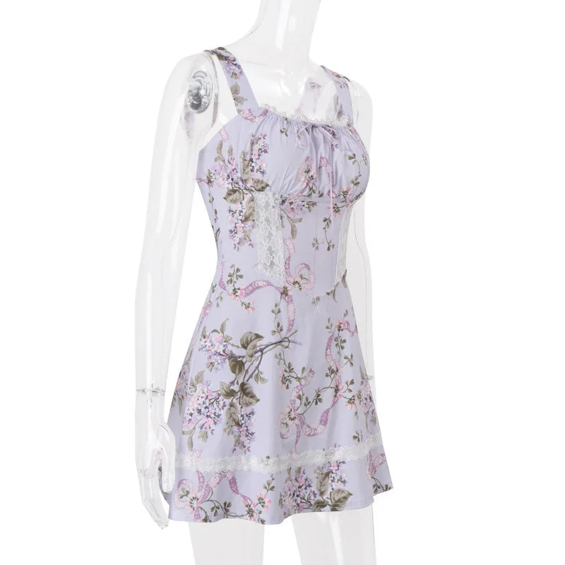 Floral Print Backless Sexy Mini Dress Women Robe Summer Fashion Square Collar Sleeveless High Waist A-line Club Dress