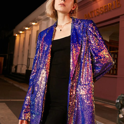 Load image into Gallery viewer, Loose Fit Blue Sequins Big Size Casual Jacket New Lapel Long Sleeve Women Coat Fashion Tide Spring Autumn 2025 1DE3504
