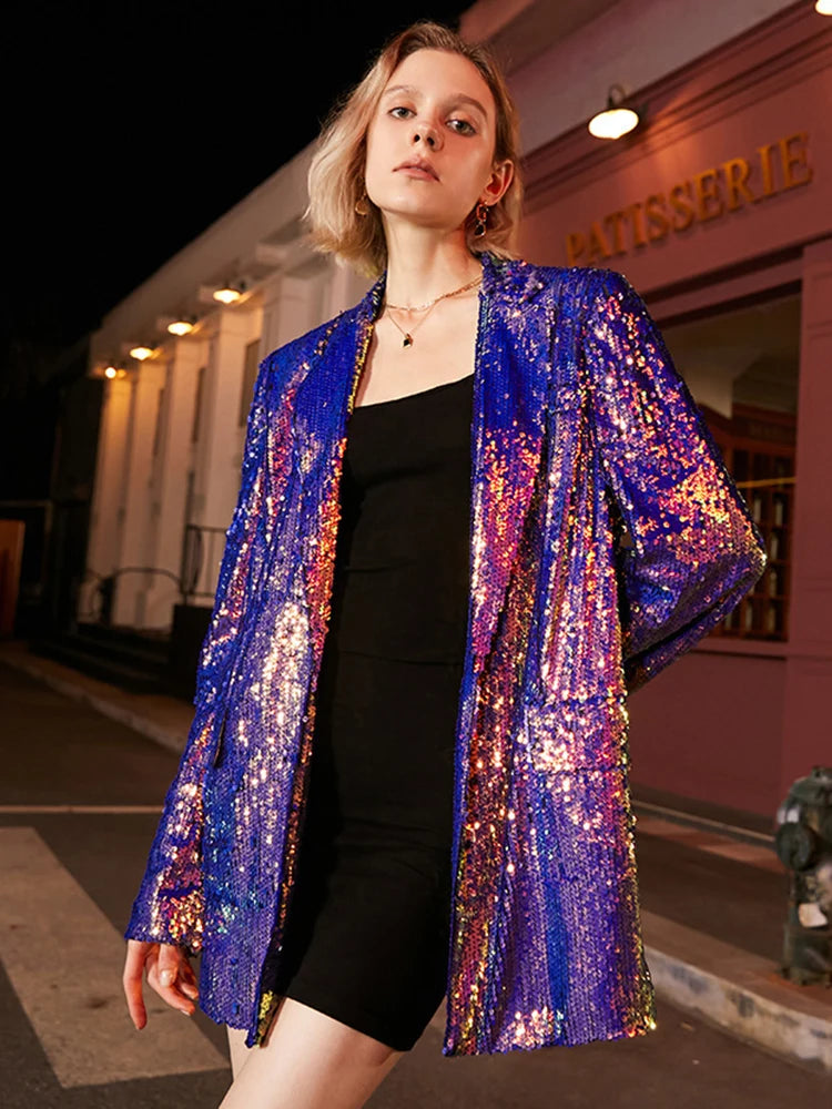 Loose Fit Blue Sequins Big Size Casual Jacket New Lapel Long Sleeve Women Coat Fashion Tide Spring Autumn 2025 1DE3504