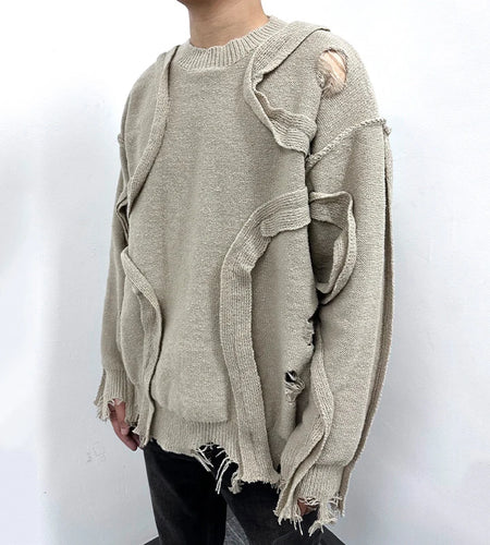 Men's Sweater Broken Hole Loose Long Sleeved New Korean Winter Round Neck Worn-out Design Male Casual Clothing 9W1826