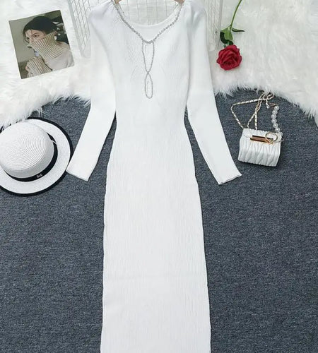 Autumn Winter Women's Solid Diamond Temperament Long Sleeved Dress French Square Neck Office Lady Knitwear Dress 2024 Simplicity