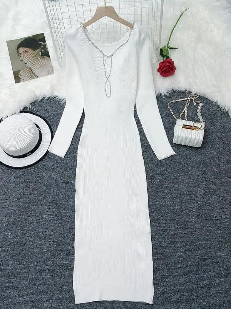 Autumn Winter Women's Solid Diamond Temperament Long Sleeved Dress French Square Neck Office Lady Knitwear Dress 2024 Simplicity