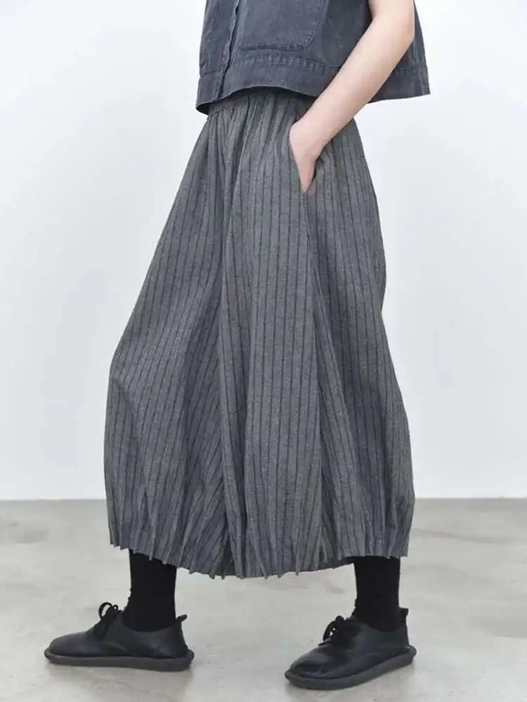 High Elastic Waist Black Striped Pocket Casual Wide Leg Pants New Trousers Women Fashion Tide Spring Autumn 2025 1DJ0115