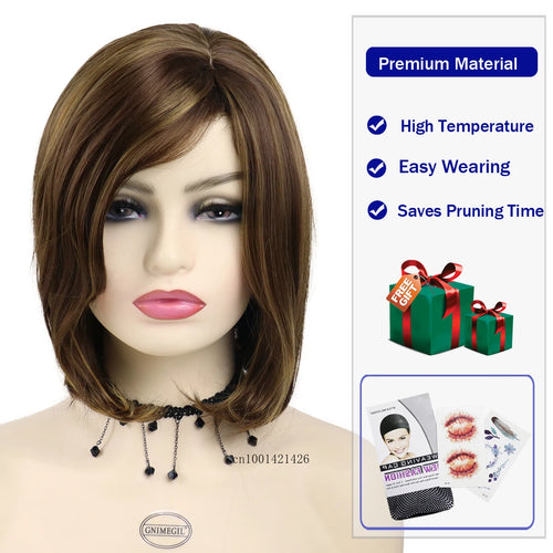 Load image into Gallery viewer, Mommy Wigs Synthetic Hair Short Bob Wig with Bangs Mix Brown Color Highlights Hair Replacement Wigs Daily Use Replacement Wig
