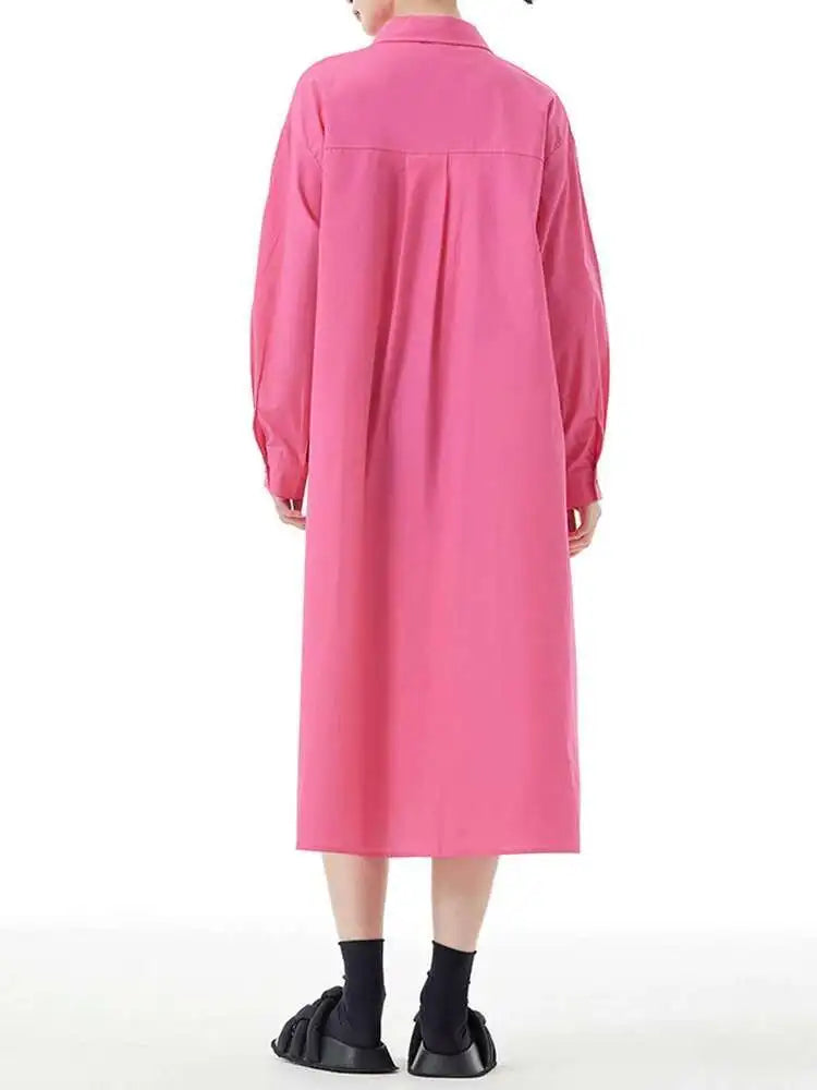 Women Green Rose Red Spliced Big Size Midi Shirt Dress New Lapel Long Sleeve Fashion Tide Spring Autumn 2025 1DH5167