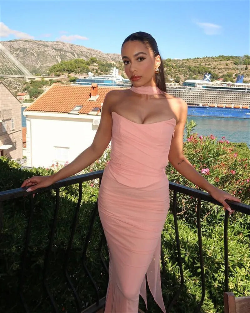 Wine Red Sexy Two Piece Sets Women Neckerchief Strapless Crop Tops And Maxi Skirt Sets Club Party Skirt Two Piece Sets