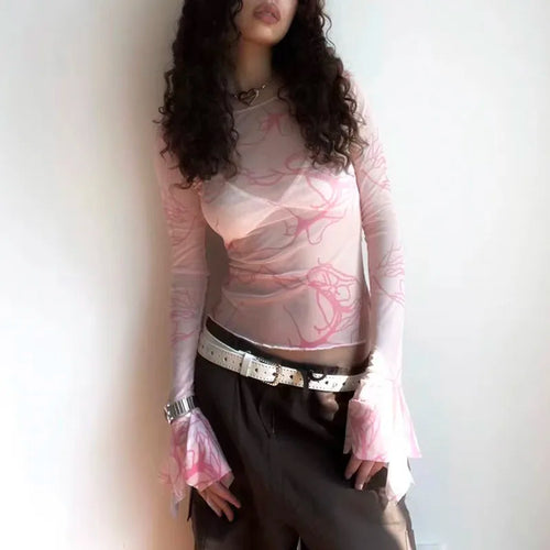 Load image into Gallery viewer, Y2k Aesthetics Mesh Tops Grunge Fairycore Flare Sleeve Crop Top Harajuku See Though T-shirt Korean Chic Designer Clothes
