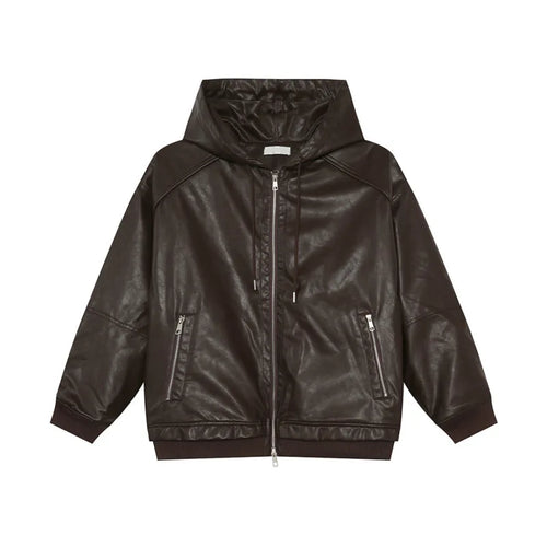 Load image into Gallery viewer, High Street Men&#39;s Padded Jackets Hooded Drawstring Solid Color PU Leather Zipper Patchwork Casual Male Cotton Coats 9C8976
