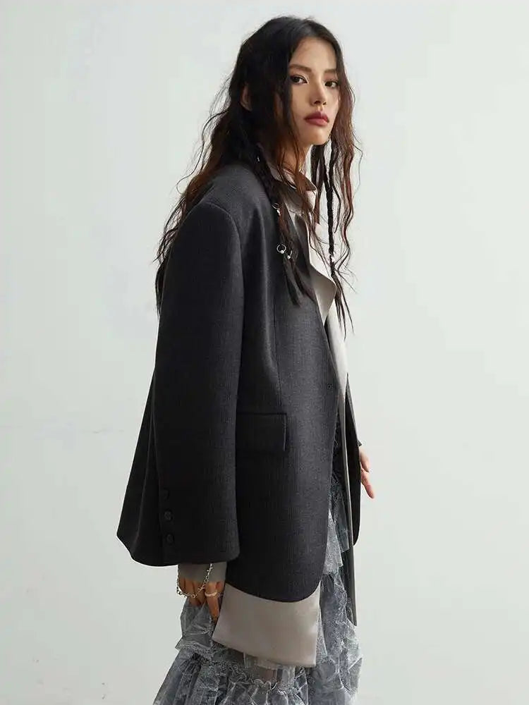 Women Black Irregular Big Size Blazer New Lapel Scarf Long Sleeve Fit Jacket Fashion Tide Spring Autumn 2025 1DH2113