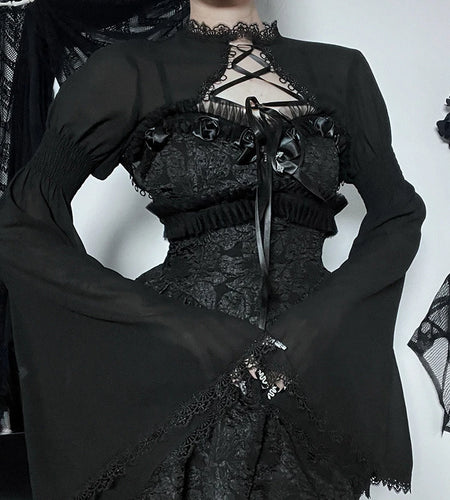 Harajuku Girls Crop Blouse Vintage Women Y2k Lace Patchwork Top 2025 Summer Lolita Cape Flare Sleeve Blusas Gothic Casual Shirts