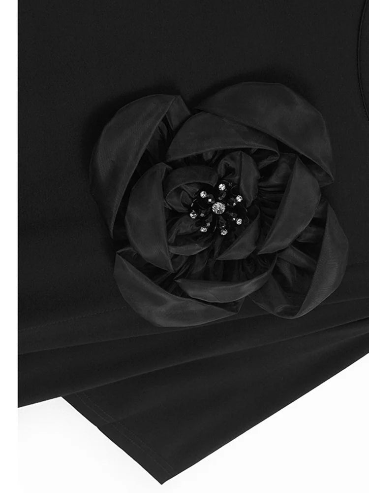 Women Black Three-dimensional Flower Big Size Midi Dress New Round Neck Short Sleeve Fashion Spring Summer 2025 1DJ1191