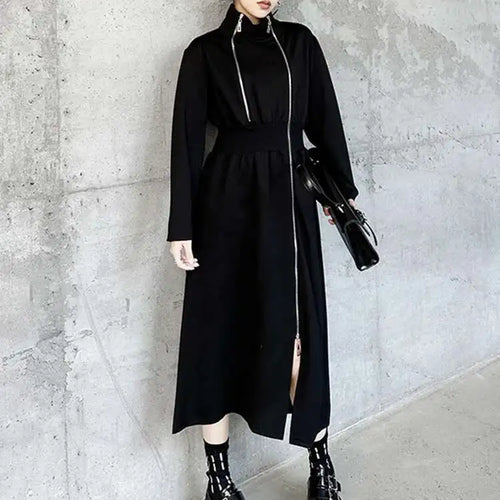 Load image into Gallery viewer, Women Black Zipper Irregular Hem Slit Midi Dress New Turtleneck Long Sleeve Fashion Tide Spring Autumn 2025 1DH9354
