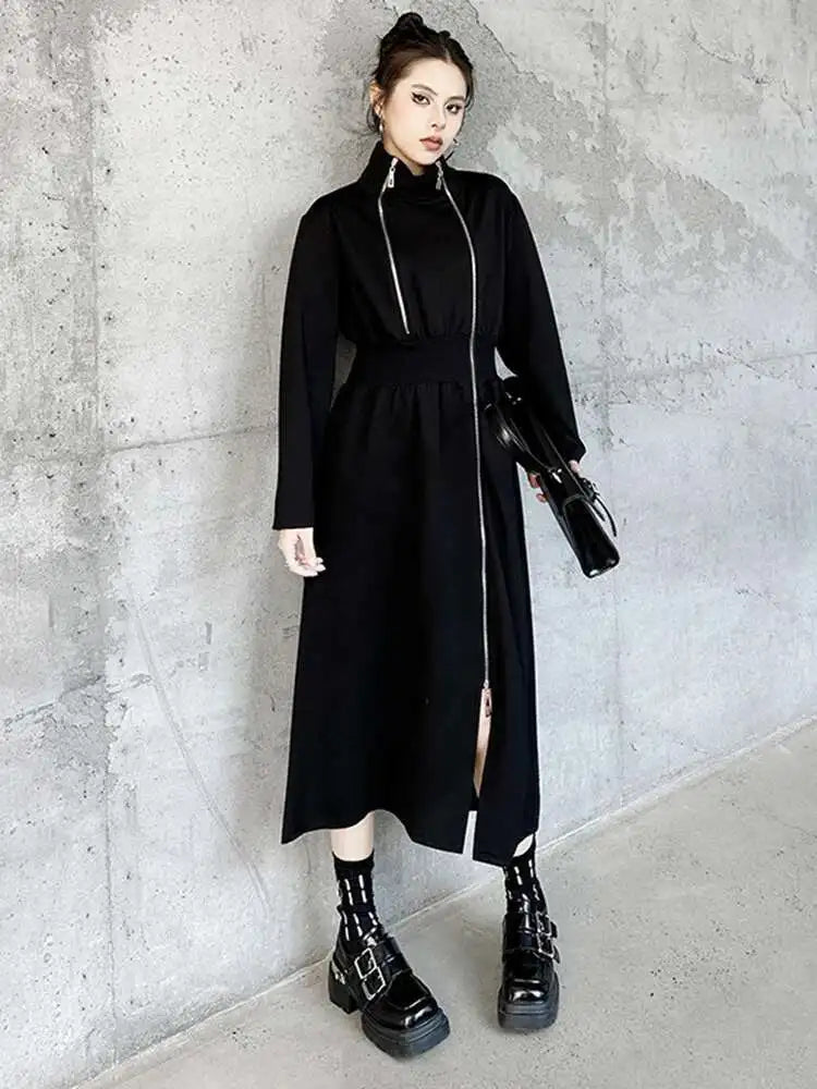 Women Black Zipper Irregular Hem Slit Midi Dress New Turtleneck Long Sleeve Fashion Tide Spring Autumn 2025 1DH9354