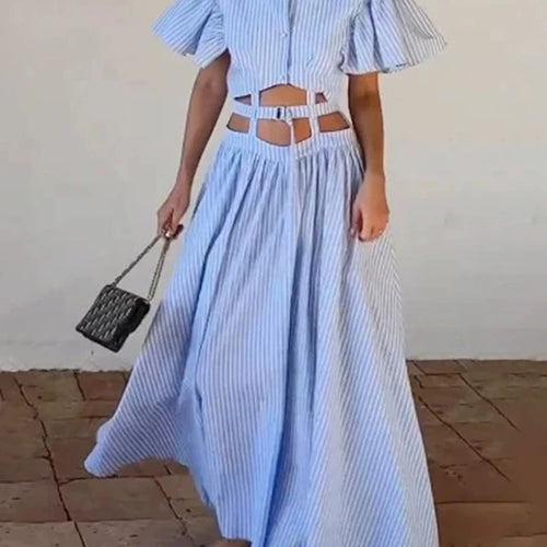 Load image into Gallery viewer, Hit Color Hollow Out Spliced Striped Fashion Dresses for Women Lapel Short Sleeves Patchwork Button Dress Female

