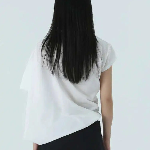 Load image into Gallery viewer, Women White Irregular Denim Big Size Casual T-shirt New Round Neck Short Sleeve Fashion Tide Spring Summer 2025 1DH4945
