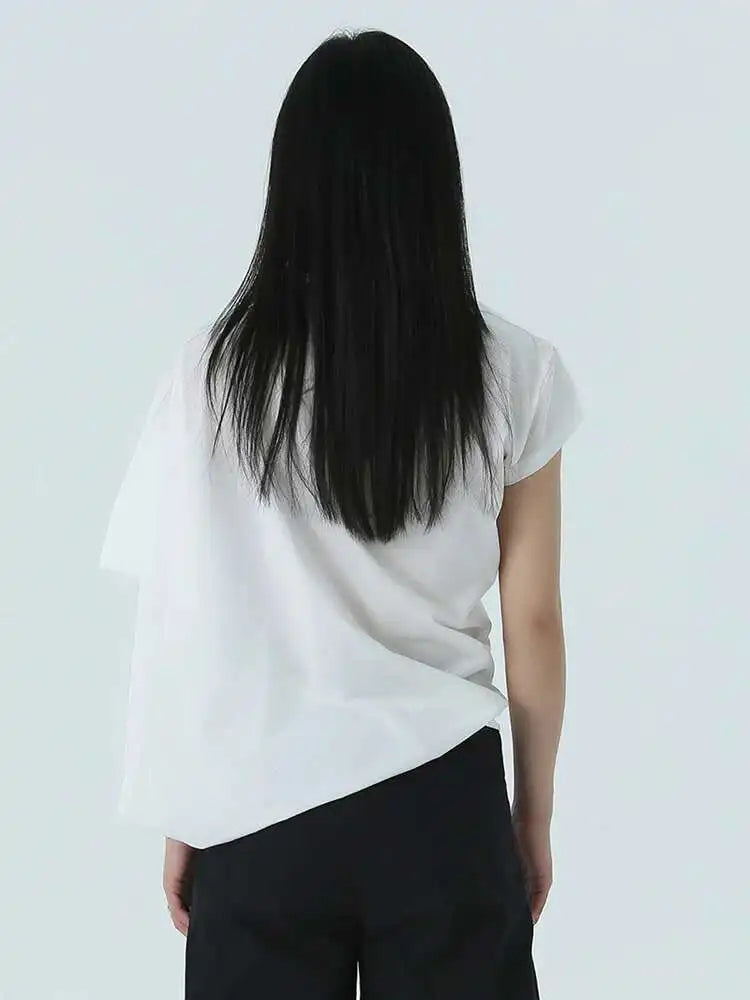 Women White Irregular Denim Big Size Casual T-shirt New Round Neck Short Sleeve Fashion Tide Spring Summer 2025 1DH4945