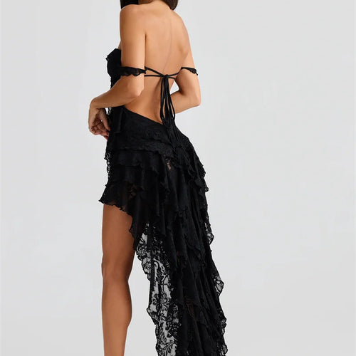 Load image into Gallery viewer, Lace Ruffle Sexy Maxi Dress Women Fashion Summer Off-shoulder Strapless Sleeveless Backless Beach Holiday Club Dress
