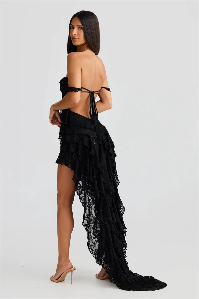 Lace Ruffle Sexy Maxi Dress Women Fashion Summer Off-shoulder Strapless Sleeveless Backless Beach Holiday Club Dress