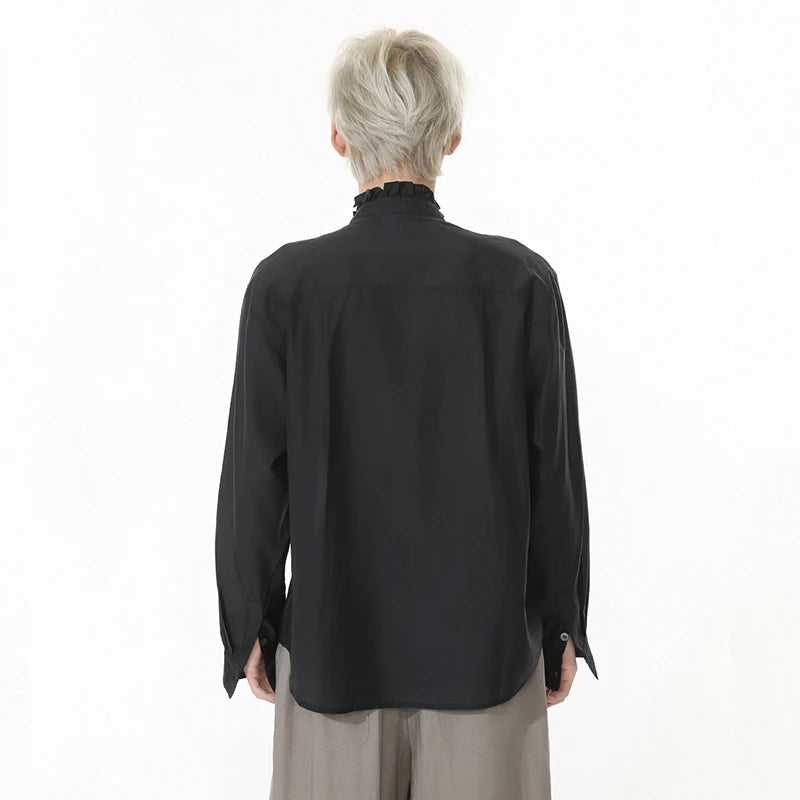 Niche Design Men's Shirts Pleated Lacework Design Solid Color Casual Tops Long Sleeve Single Breasted Loose Menswear 9W1254