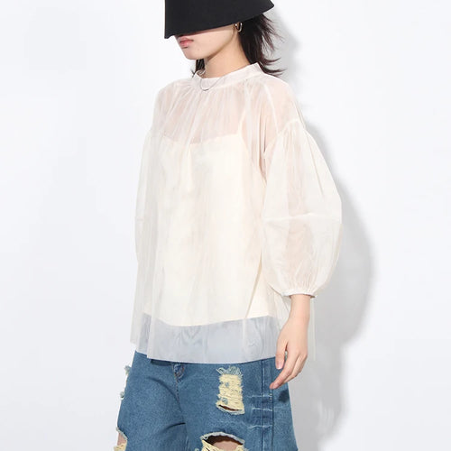 Load image into Gallery viewer, Solid Patchwork Mesh Elegant Shirts For Women Round Neck Lantern Sleeve Spliced Folds Casual Pullover Shirt Female
