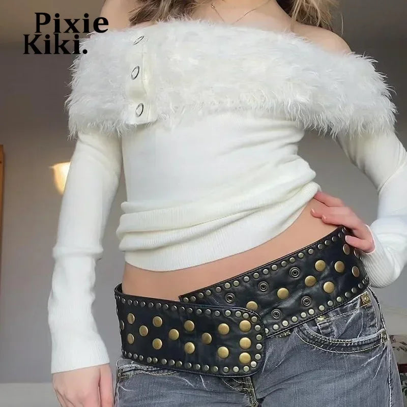 Fluffy Faux Fur Patchwork Ribbed Long Sleeve Top Y2k Cutecore White Fitted T Shirt for Women Winter Clothes P84-EZ30