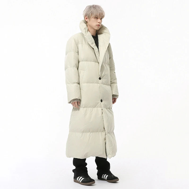 Simple Men's Down Jackets Stand Collar Long Single Breasted Casual Male Coats Solid Color Loose Overknee Menswear 9C9217