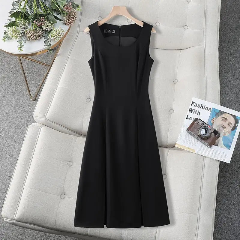 Woman Summer Black Beige Elegant Sleeveless Office Long Dresses Green Round Neck Sexy Zipper Pleated Vest Dress Vestidos Fashion