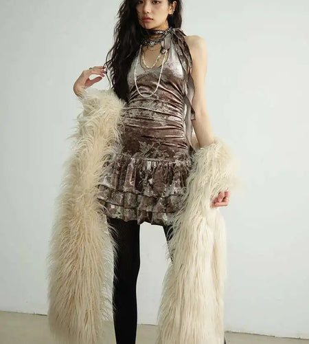 Women Apricot Silver Velvet Elegant Ruffles Mini Dress New Round Neck Sleeveless Fashion Tide Spring Autumn 20251DH8264