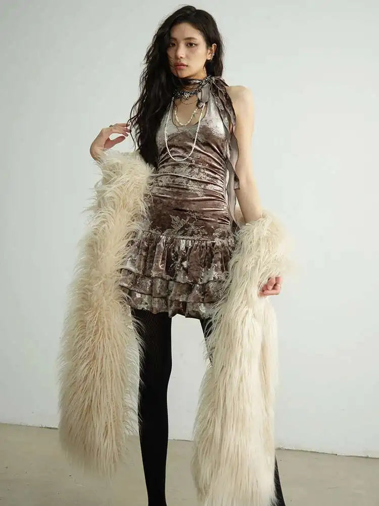 Women Apricot Silver Velvet Elegant Ruffles Mini Dress New Round Neck Sleeveless Fashion Tide Spring Autumn 20251DH8264