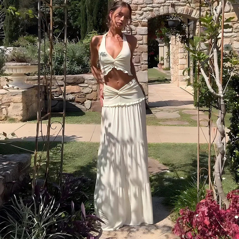 Sexy Sleeveless Skirt Two Pieces Sets For Women V-neck Hollow Out Crop Tops And Long Skirt Patchwork Two Pieces Sets