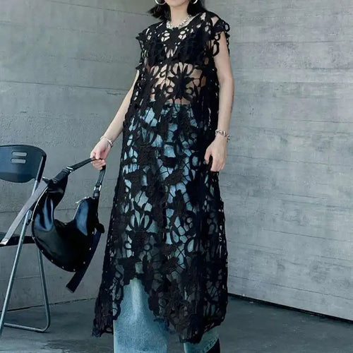 Load image into Gallery viewer, Women Black Lace Hollow Out Perspective Big Size Dress New Round Neck Sleeveless Fashion Tide Spring Summer 2025 1DJ0243
