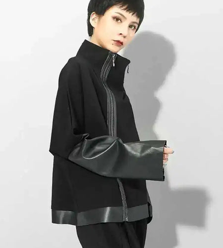 Loose Fit Black Pu Leather Zipper Casual Sweatshirt New Turtleneck Long Sleeve Women Big Size Fashion Autumn 2025 1DF4790