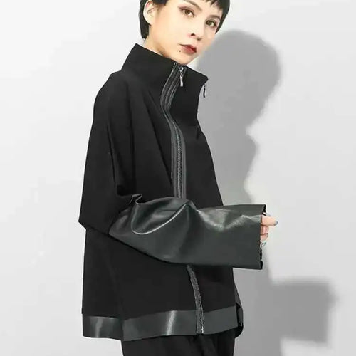 Load image into Gallery viewer, Loose Fit Black Pu Leather Zipper Casual Sweatshirt New Turtleneck Long Sleeve Women Big Size Fashion Autumn 2025 1DF4790
