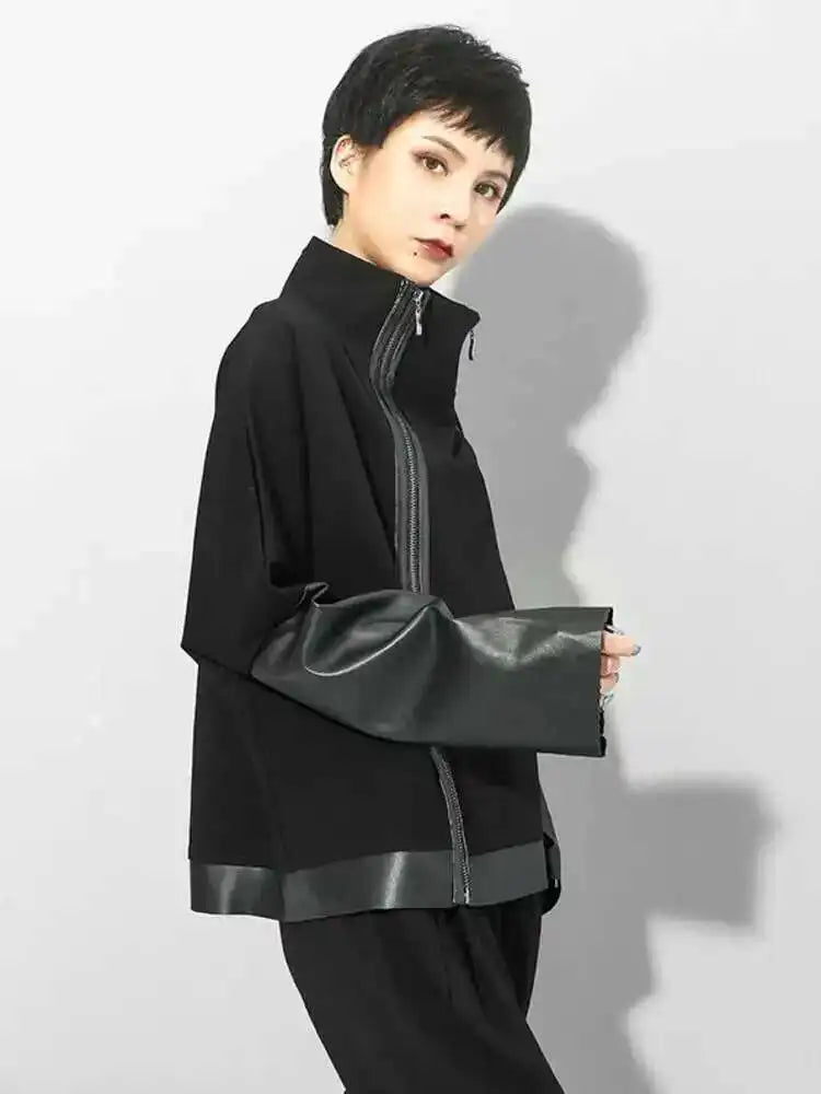 Loose Fit Black Pu Leather Zipper Casual Sweatshirt New Turtleneck Long Sleeve Women Big Size Fashion Autumn 2025 1DF4790