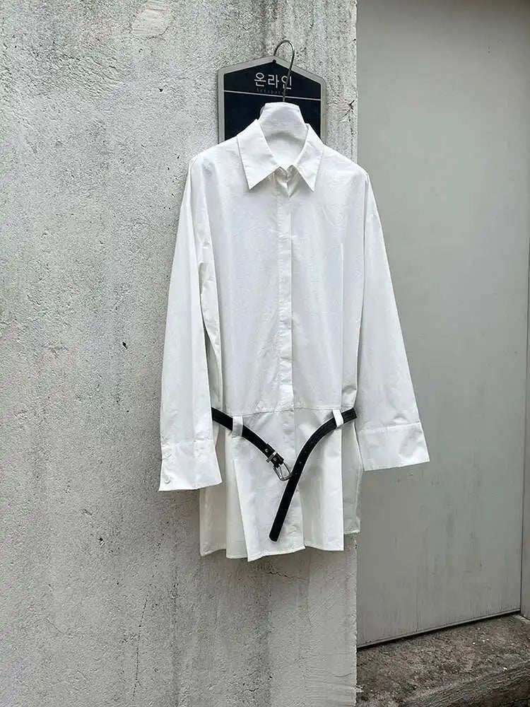 Women White Hem Pleated Elegant Big Size Mini Shirt Dress New Lapel Long Sleeve Fashion Tide Spring Autumn 2025 1DH9552