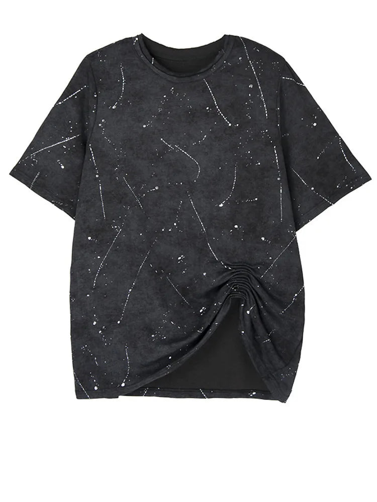 Printed Pleated T-shirt Skirt Two Pieces Suit New Round Neck Short Sleeve Women Fashion Tide Spring Summer 2025 1DJ1161