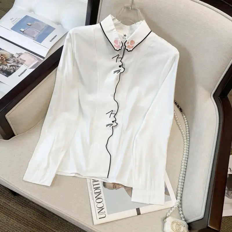Spring French Retro Women White Girls Cute Cat Embroidery Single Breasted Blouses Casual Lapel Long Sleeved Festival Shirt Trend